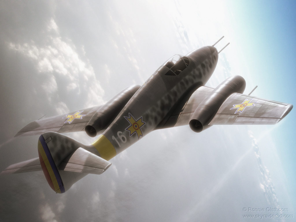 An Me P 1070 banks steeply into the sun