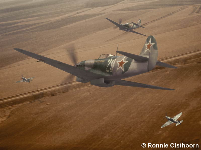 Yak-9Ds flying at very low level